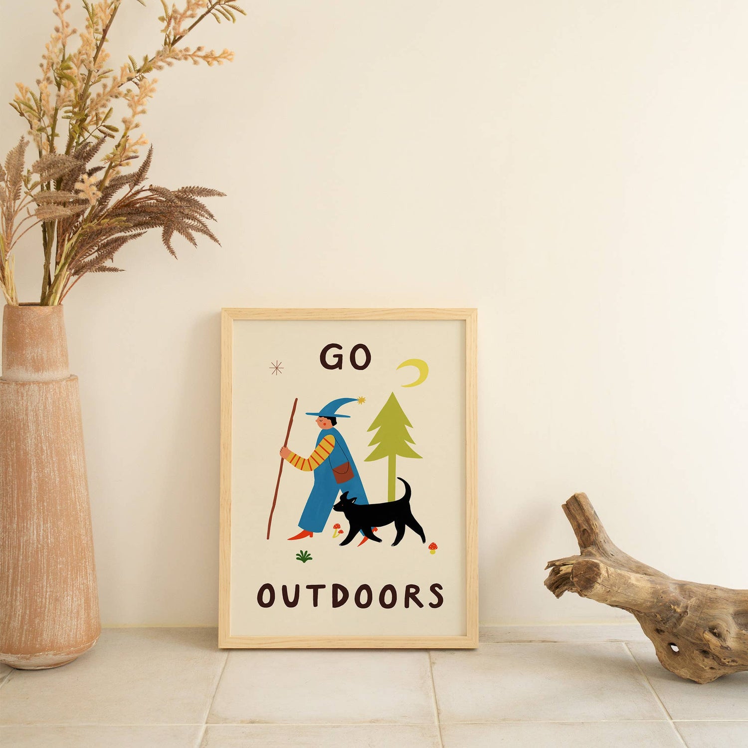 Go Outdoors Art Print | Nature | Folky | Mushrooms | Dog: A3