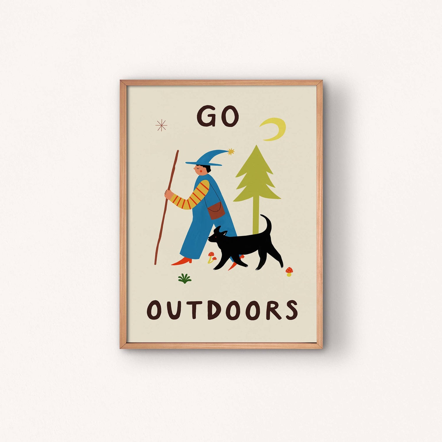 Go Outdoors Art Print | Nature | Folky | Mushrooms | Dog: A3