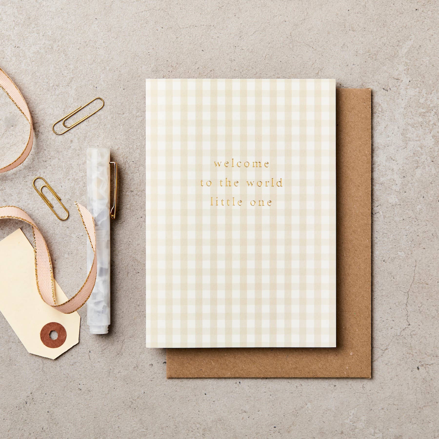 Gingham Welcome World New Baby Card